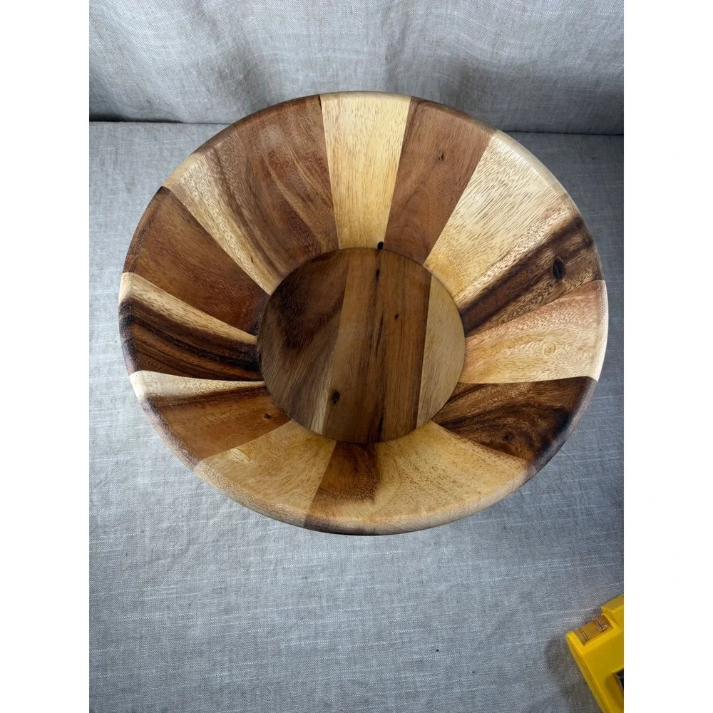 Wooden Serving Bowl Good Vintage Striped Inlay Round Large Fruit Salad Decor